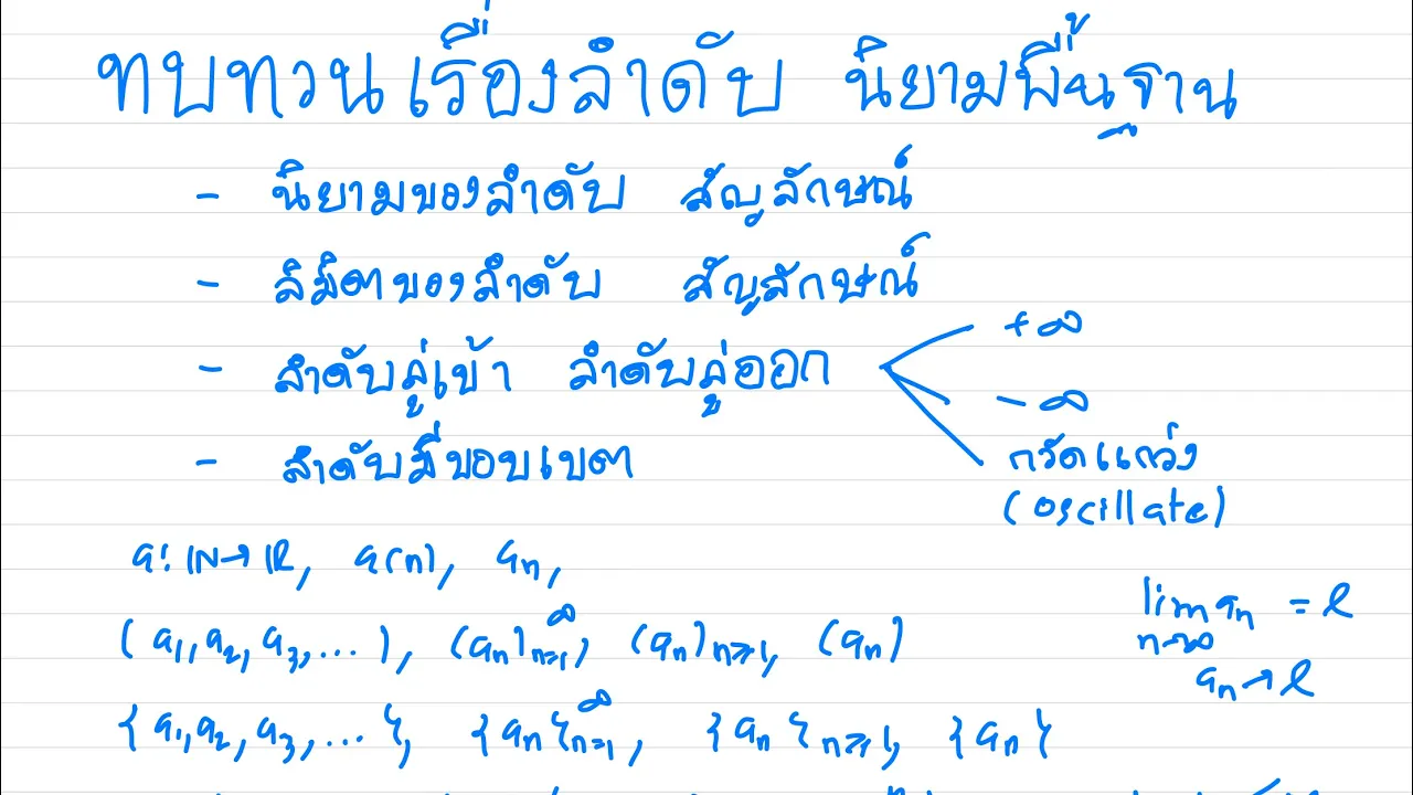 ทบทวนเรื่องลำดับ นิยาม ลิมิตของลำดับ ลำดับลู่เข้า ลำดับลู่ออก ลำดับมีขอบเขต
