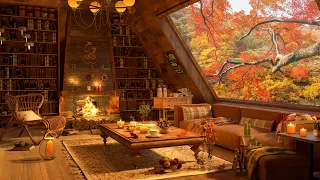 4K Warm Autumn Coffeehouse ☕ Soft Piano Jazz & Fireplace Ambience for for Relaxing, Studying