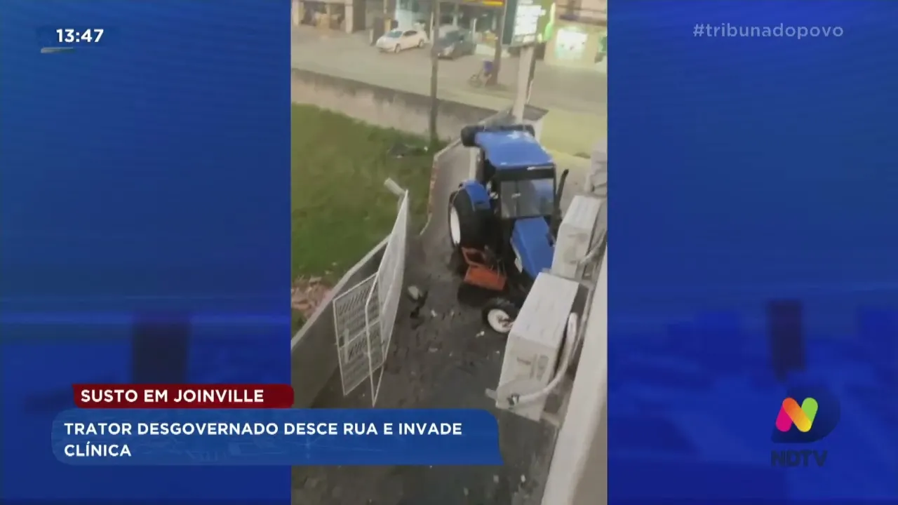 Susto em Joinville: trator desgovernado desce rua e invade clínica