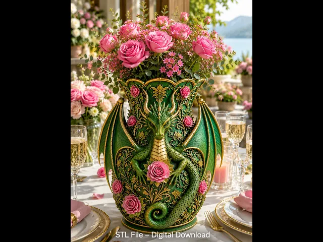 Emerald Rose Dragon Vase STL for 3D Print video thumbnail