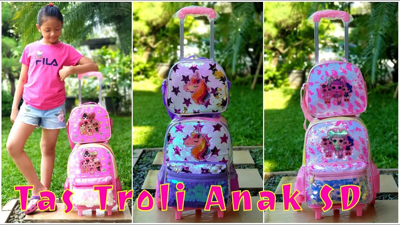 TAS SEKOLAH ANAK PEREMPUAN TERBARU MODEL USAP SEQUIN UNICORN LOL FROZEN TROLI 6 RODA BERKUALITAS. 