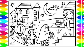 HAPPY HALLOWEEN How to Draw Halloween Costumes for Kids Trick or Treat Drawing and Coloring