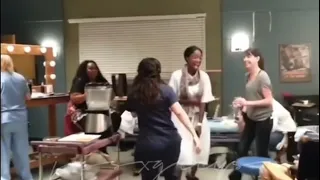 Sandra Oh dancing it out on the set of Grey s Anatomy 2013
