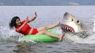 Shark Attack on Fishing Boat | fun made great white shark fish attack film 6