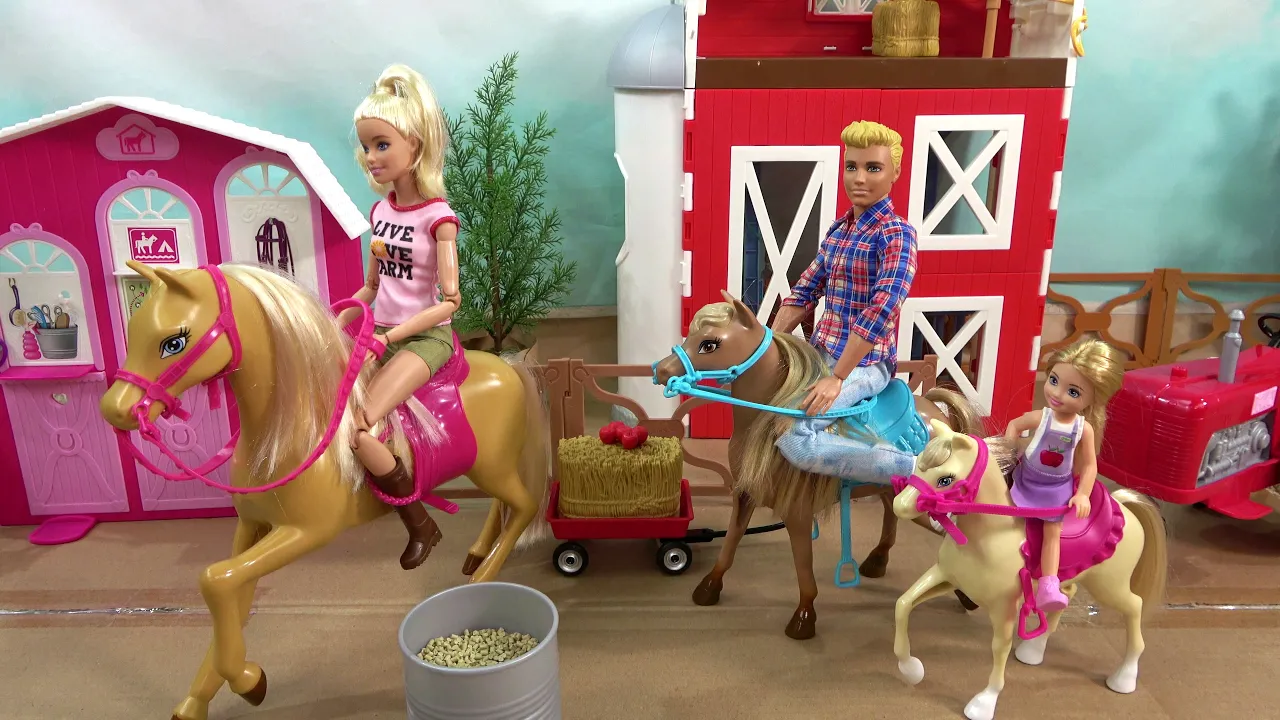 Barbie and Ken Have a Farm with Farm Animals and Barbie Sister and Baby Taking Care of Horses