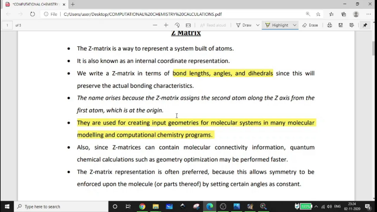 Internal Coordinate System- Z Matrix, Semester 2 MG University M.Sc Chemistry