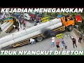 BIKIN JANTUNGAN., Terekam Detik Detik Truk Muatan Panjang Tersangkut Di Beton Keramat Sitinjau Lauik