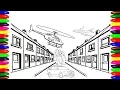 How to DRAW COLOR House Building Airplane Police Car Family Coloring Pages for kids