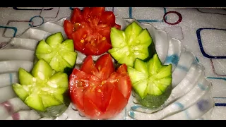 تقطيع وتزيين الطماطم و الخيار على شكل وردة 