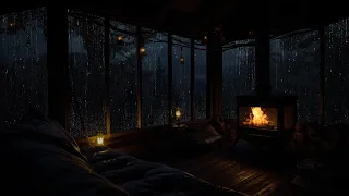 Rain in Wooden Cabin with Fireplace Deep Sleep Background Sounds with Rain on window