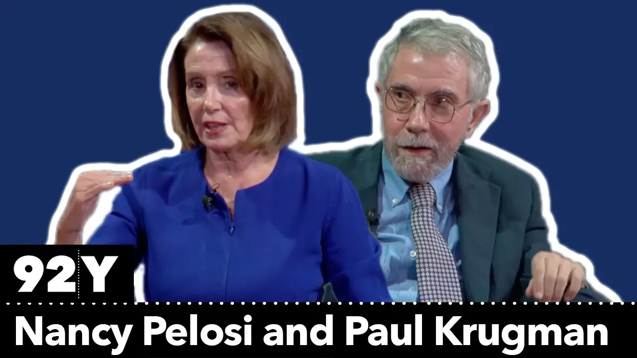 House Democratic Leader Nancy Pelosi talks with New York Times columnist Paul Krugman