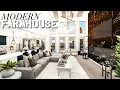 BLOXBURG Modern Farmhouse Mansion high ceiling living room Bloxburg House Build Speedbuild