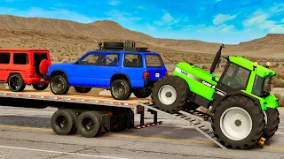 Flatbed Trailer Cars Transportation w/ Tractor - Pothole vs Car vs Deep Water #4 - BeamNG.mp4