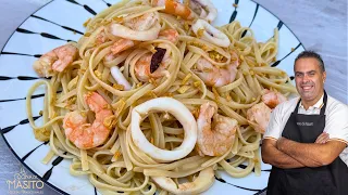 Tallarines al ajillo con langostinos y calamares ￼
