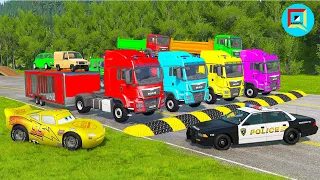 quadruple trucks transporting cars with flatbed trailers cars vs speedbump vs train vs pothole 26