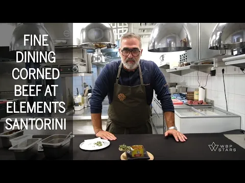 Chef Tasos Stefatos prepares Fine Dining CORNED BEEF at awarded restaurant Elements (Santorini)
