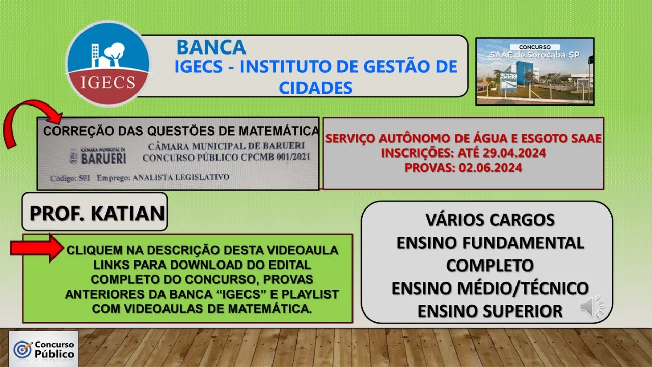 IGECS - Concurso Serviço Autônomo de Água e Esgoto - SAAE - Sorocaba/SP - Inscrições até 29.04.24