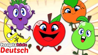 Fünf süße Früchte 🍎🍐🍌🍑🍇 | Kinderreime und Kinderlieder | HooplaKidz Deutsch