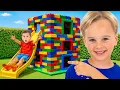 Kids built GIANT Lego House with colorful toy blocks