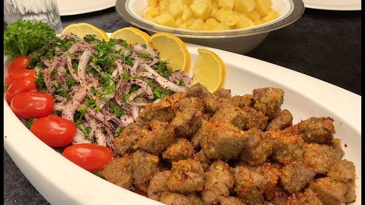 ALBANIAN-STYLE LIVER (ARNAVUT CER): SPICY FRIED LIVER WITH FRIED POTAO AND ONION GARNITURE