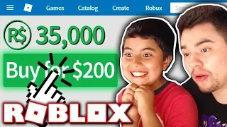 giving my little brother 35 000 robux 200 worth roblox 