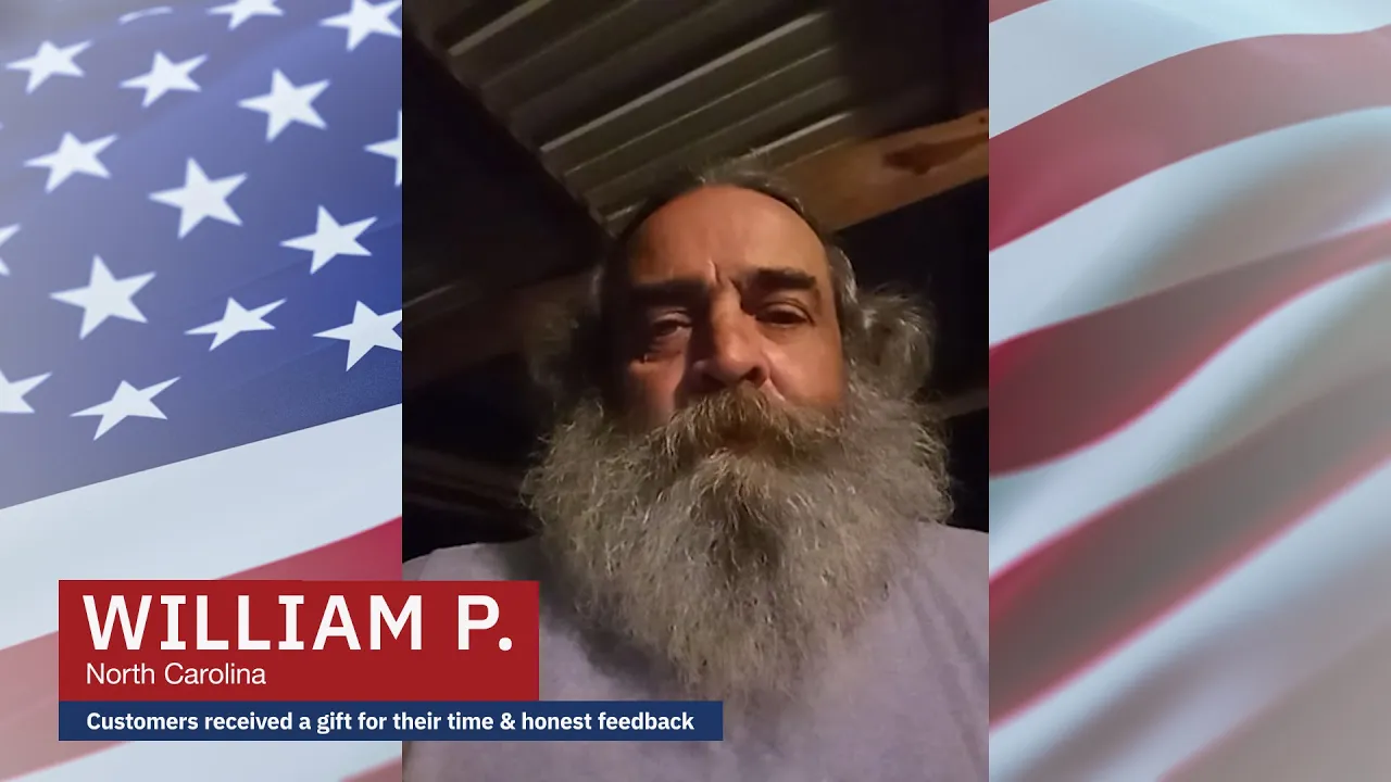 William P. from North Carolina gives a testimonial about 4Patriots 1-Week Emergency Survival Food Kit, shown against a patriotic flag-themed background.