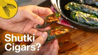 Shutkir Bora—Chalkumro Pataye | Loitta Shutki Cigars in Ashgourd Leaf » Bengali Recipe