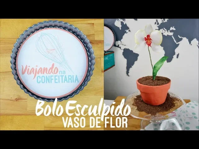 BOLO DIA DAS MÃES VASO DE FLORES ESCULPIDO COM ORQUÍDEA EM PAPEL DE ARROZ