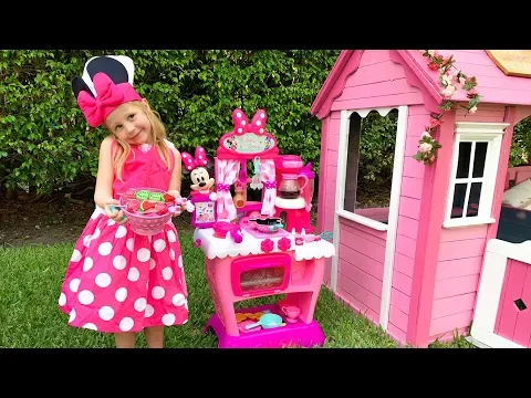 Download MP3 Nastya is waiting for Mickey and Minnie Mouse and is cooking in the children's play kitchen.