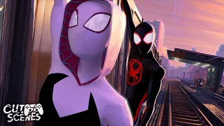 gwen surprises miles for a city swing spider man across the spider verse