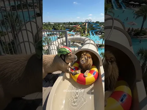 Cute Capybara Pushes Lion Down Scary Tall Water Slide 😱🎢