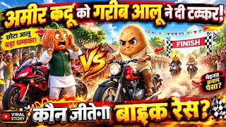 😱 अमीर कद्दू की सुपरबाइक को गरीब आलू ने दी टक्कर! 🏍️🔥 | कौन जीता बाइक रेस? | Hindi Animated Story