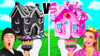 تحدي البيت الملون الوردي مقابل الأسود   حيل تزيين سهلة                  دندنها