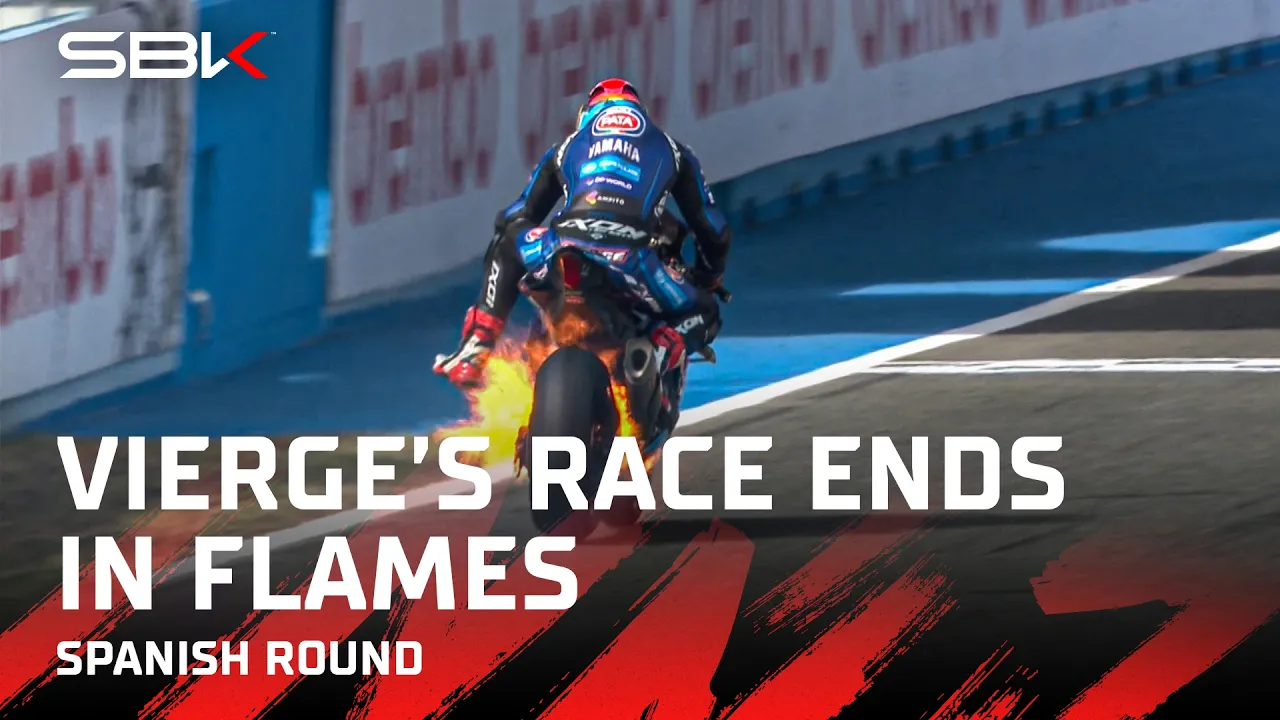 Vierge’s Yamaha catches fire on the main straight at Jerez 🔥 | 2026 #SpanishWorldSBK 🇪🇸