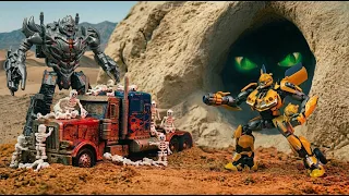 Stop Motion Transformers Rescue in Mystery Cave: Megatron vs Optimus Prime, Bumblebee & Tobot Robot