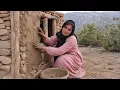 Nomadic Woman Builds a Stone Cottage in the Mountains Building a Shelter with Mud and Stone