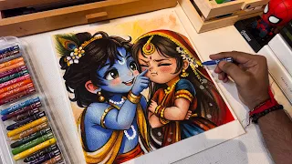 Cute Radha Krishna Drawing, Janmashtami Drawing,  Krishna Drawing, Oil Pastel Drawing