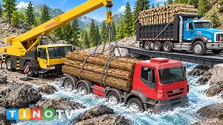 Dump Truck Gets STUCK in River! 🚛🚨 Mobile Crane Rescue & Steel Bridge Construction