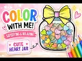 Girl Coloring a Jar Full of Hearts Cute Printable Coloring Page for Kids