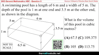 2003 Gen Maths HSC Q9 Find volume of trapezoidal prism using V Ah formula