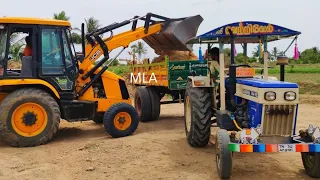 JCP and Tractor Videos | JCB stunt with Swaraj 744 FE stuck fully loaded trolley pulling