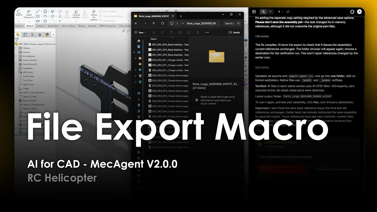 AI for CAD - File Export Macro - MecAgent 2.0.0 - RC Helicopter - Demo