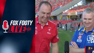 The HILARIOUS moment John Longmire crashes Adam Simpson s pre game interview Fox Footy Live