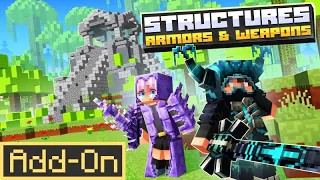 STRUCTURES, ARMORS & WEAPONS ADDON Adds 100 NEW Structures to Minecraft Bedrock