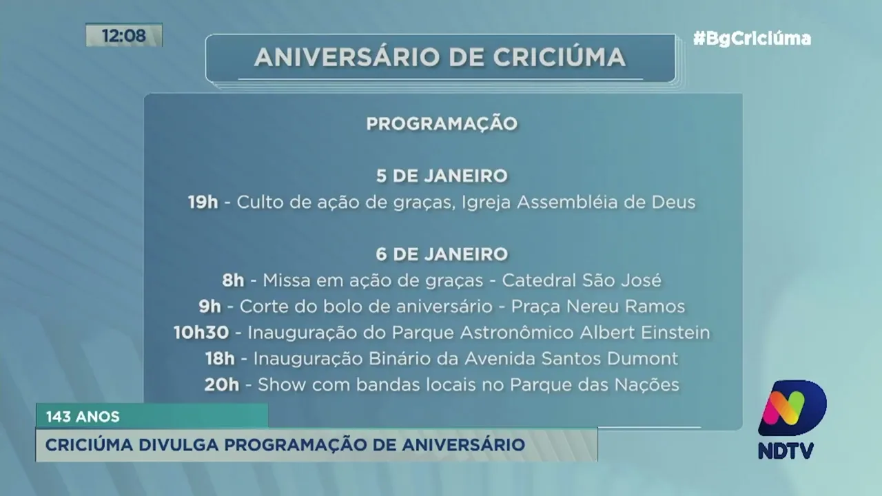Criciúma divulga programação de aniversário da cidade