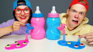 ASMR JELLY CANDY PINK BLUE PARTY 컬러 보틀 캔디 젤리 먹방 Giant Color Bottles Nerd Hands Mukbang