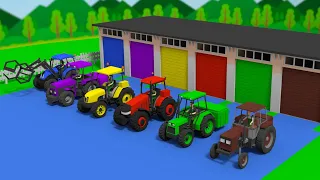 colorful garages with tractors and construction of a pulpit for farmer view new tractors