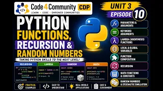 Python Basics Episode 10 Functions Recursion Random Numbers Code4Community CDP