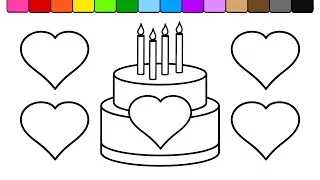 Learn Colors for Kids and Color Heart Birt ay Cake Coloring Page 4K