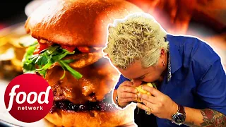 Guy Fieri Takes On The Spicy Peanut Butter Crunch Burger In California Diners Drive-Ins Dives